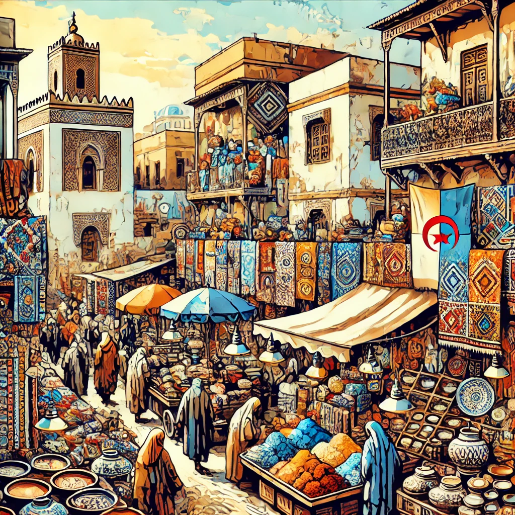 A digital painting of a bustling Algerian market, featuring traditional wares and vibrant colors, inspired by the modern artistic style of Ali Ali-Khodja.