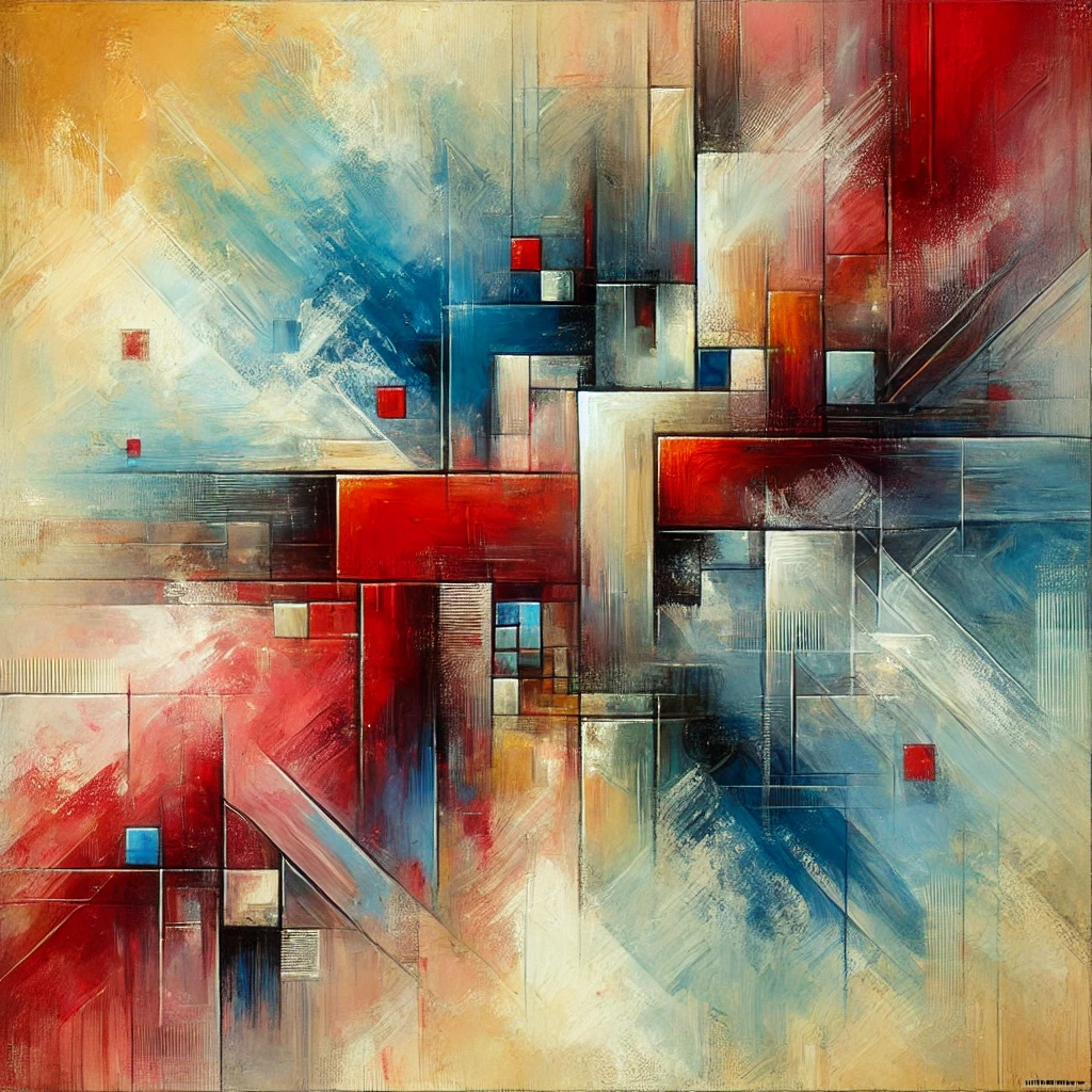 Modern abstract painting with bold brushstrokes, vibrant colors, and geometric shapes inspired by Denis Martinez.